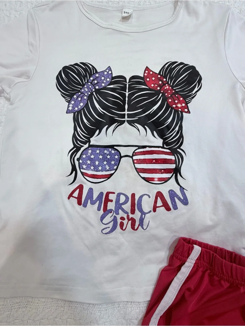 SHEIN White 'American Girl' Graphic Tee and Red Shorts Set